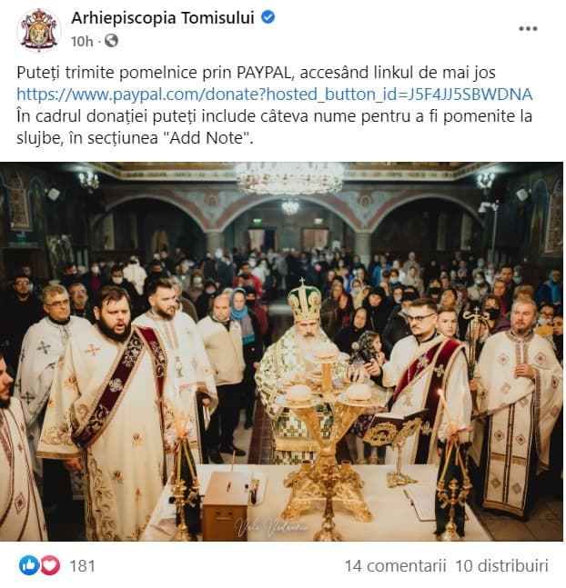 TEODOSIE cere pomelnice prin PayPal: ”Puteți include câteva nume pentru a fi pomenite în secțiunea Add Note”