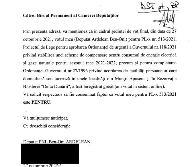 Premieră în Parlament: deputatul PNL Ben-Oni Ardelean cere să-i fie modificat un vot pe motiv că ar fi fost înregistrat greșit