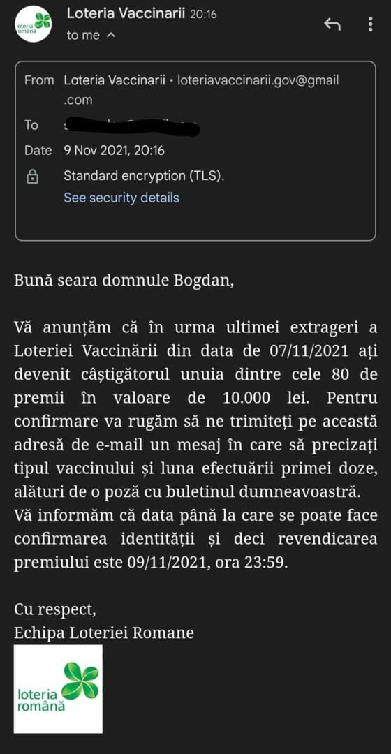 Tentativă de fraudă cu Loteria Vaccinării: Atenție la e-mail-uri false în care sunteți anunțați că ați câștigat