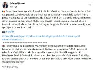 Ministrul Novak a scos expresia „toate inimile României” din mesajul în maghiară în care-l felicita pe David Popovici