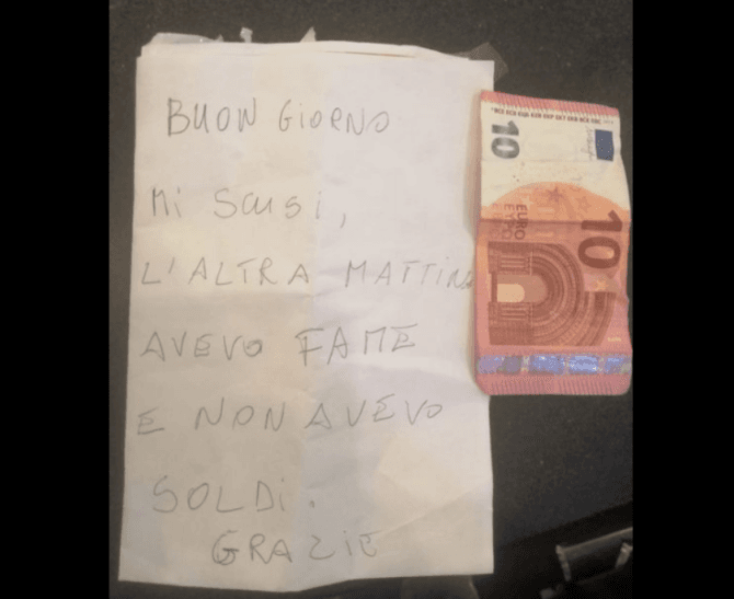 Povestea unui hoț impresionează Italia. A furat de foame, apoi a lăsat un bilet și 10 euro”