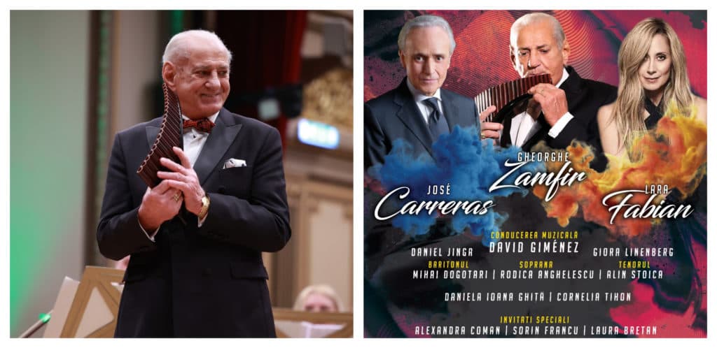 Magistralii José Carreras și Lara Fabian îl omagiază pe Gheorghe Zamfir, pe stadion, la București. Spectacolul Zamfir 80 va fi o premieră concertistică mondială