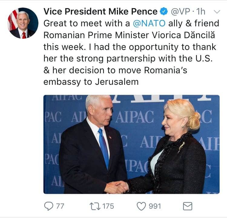 Americanii i-au mulțumit premierului Dăncilă pentru decizia de a muta ambasada României la Ierusalim