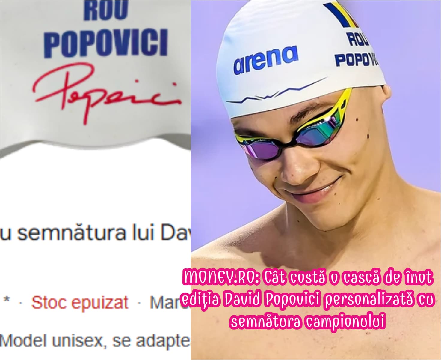 Cât costă o cască de înot ediția David Popovici personalizată cu semnătura campionului. Imaginea sa vinde bine!