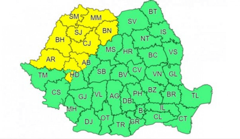 Cod galben de ploi torențiale și vânt puternic în 9 județe din țară, până sâmbătă