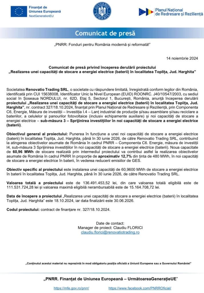 Comunicat de presă privind începerea derulării proiectului „Realizarea unei capacităţi de stocare a energiei electrice (baterii) în localitatea Topliţa, Jud. Harghita”