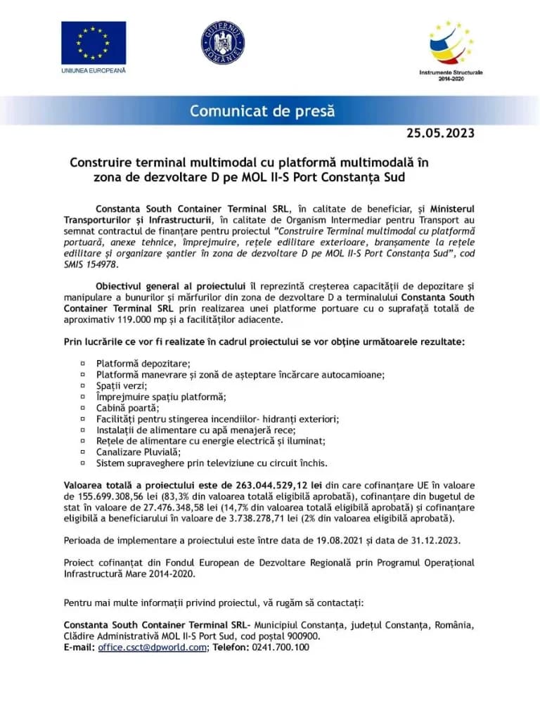 Construire terminal multimodal cu platformă multimodală în zona de dezvoltare D pe MOL II-S Port Constanța Sud