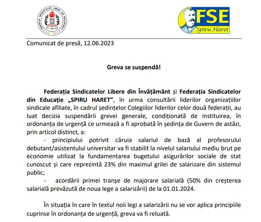 Greva din Educație se suspendă! De mâine se vor face cursuri în toate școlile