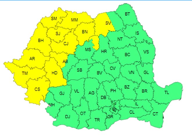 Meteorologii au emis un cod galben de ploi în mai multe județe din țară