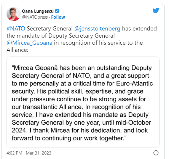 NATO i-a prelungit mandatul lui Mircea Geoană până în octombrie 2024