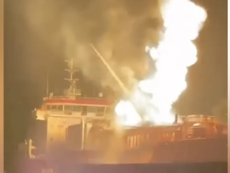 BREAKING NEWS | Explozie și incendiu pe o navă cu GPL lovită de dronă între Sfântu Gheorghe și Sulina! Pentru președinte a fost mai important să comunice că vasul a fost lovit în afara apelor teritoriale