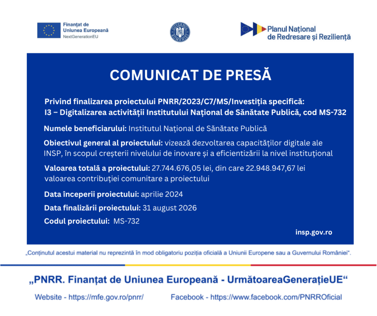 Anunț privind finalizarea proiectului PNRR/2023/C7/MS/Investiția specifică: I3 – Digitalizarea activității Institutului Național de Sănătate Publică, cod MS-732