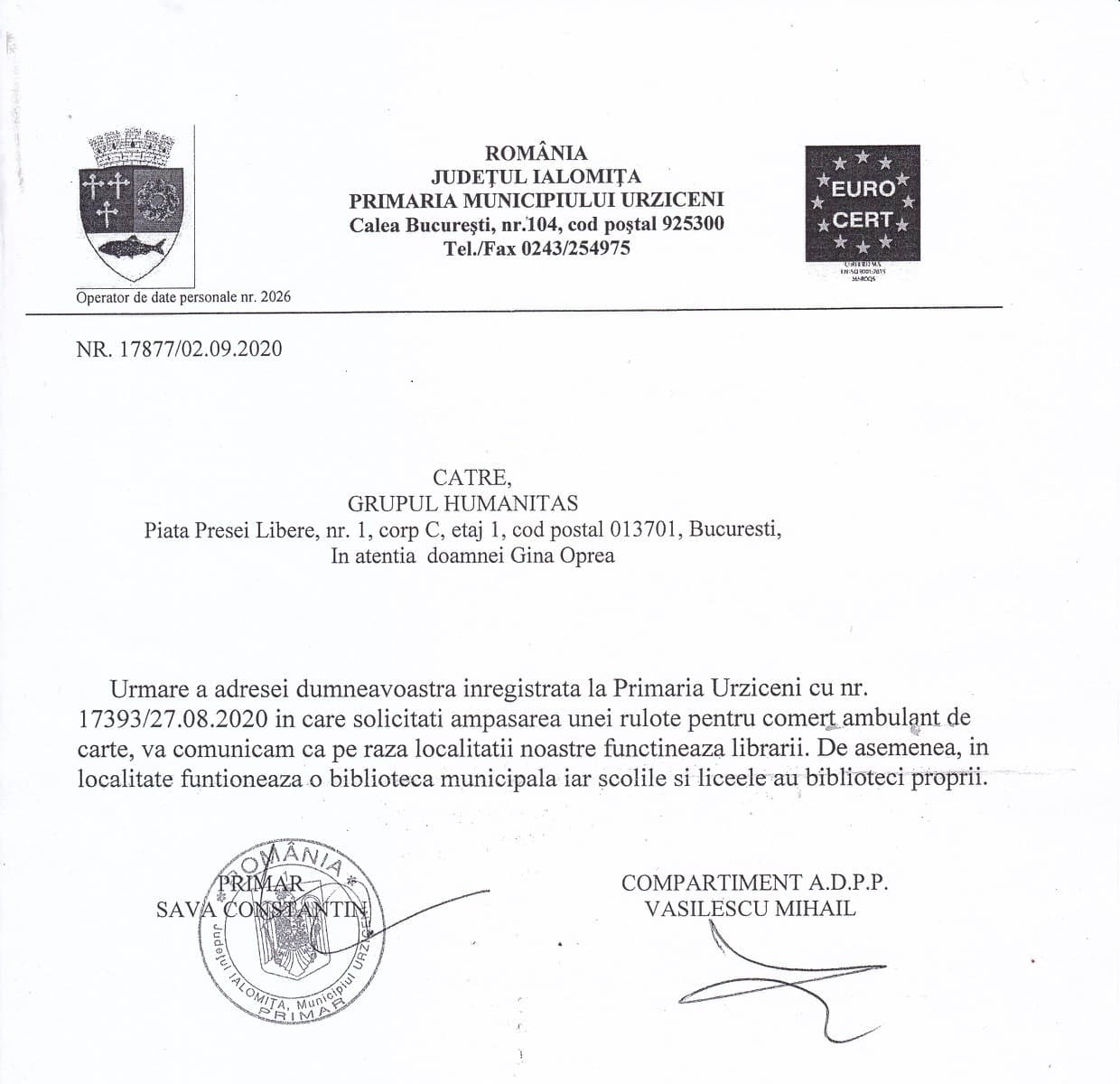 HALUCINANT! Humanitas, interzisă la Urziceni pentru că ”in localitate funtioneaza” deja o bibliotecă