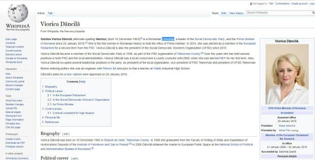 Pagina de Wikipedia în limba engleză a Vioricăi Dăncilă, modificată. Premierul este numit ”comediant”