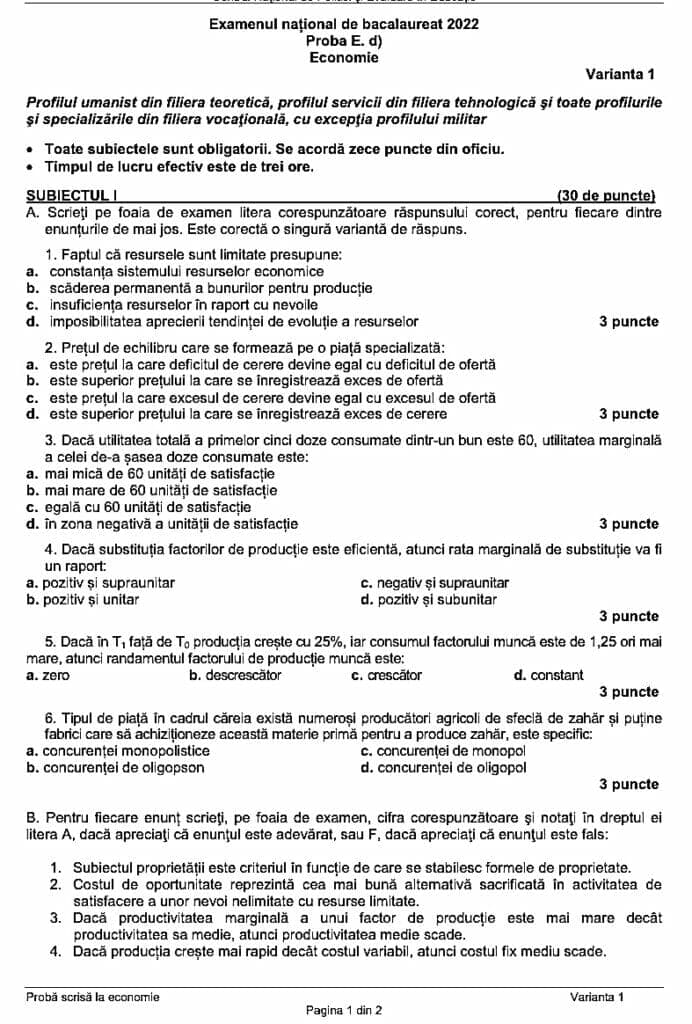 Bacalaureat 2022. Ce subiecte au fost date la Economie