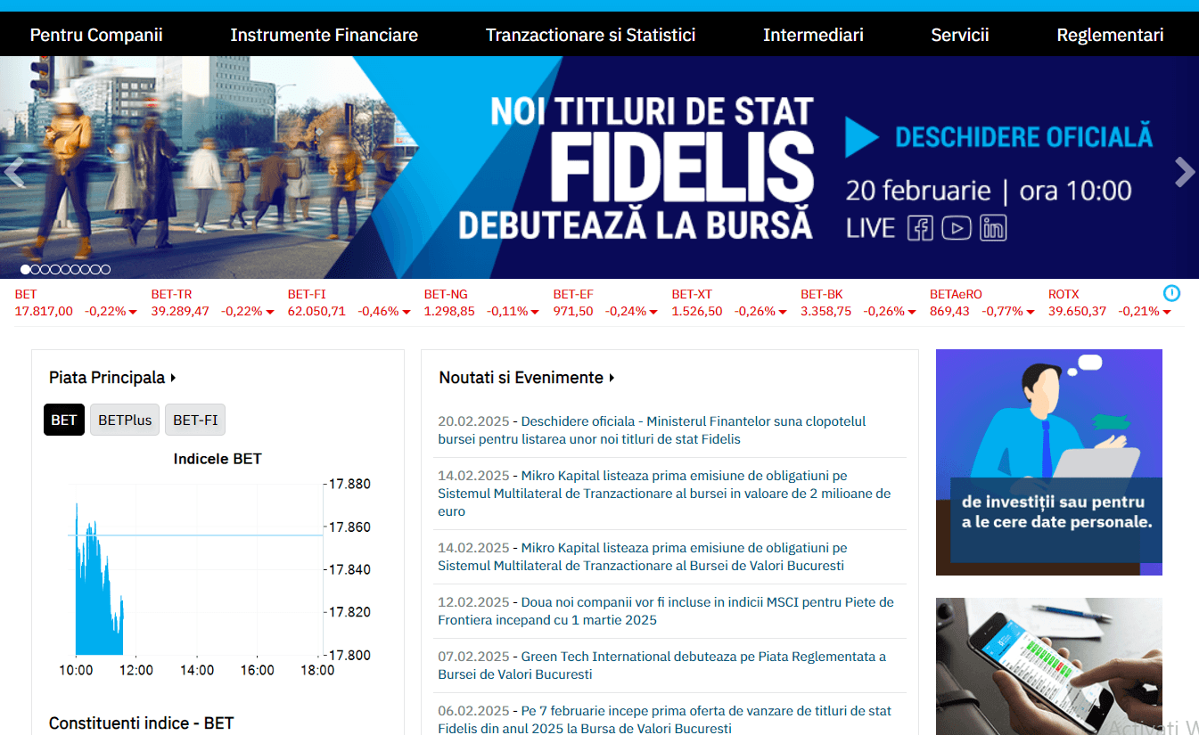 Bursa de Valori București a deschis în scădere ședința de joi
