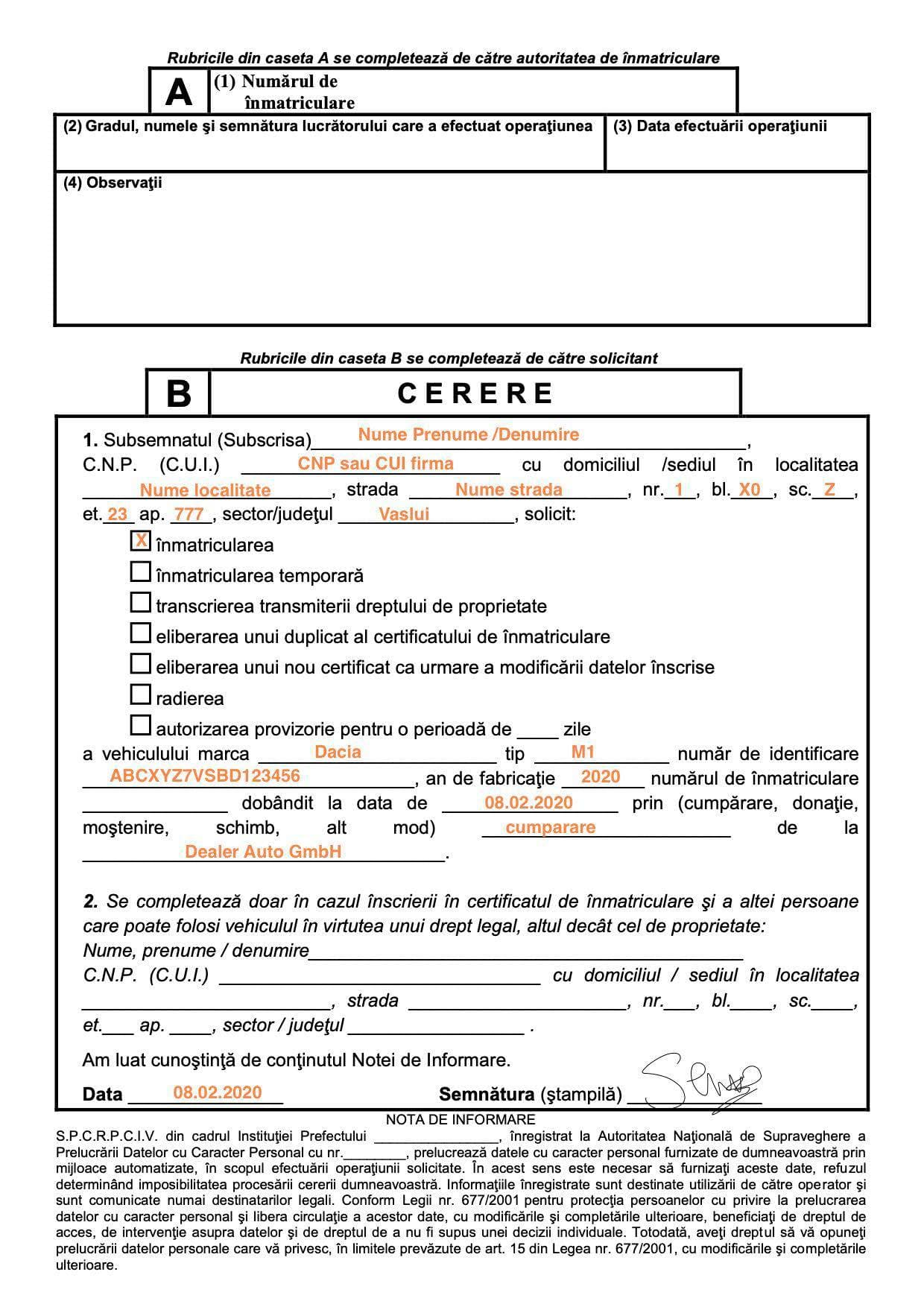 Cum se scrie corect o cerere pentru înmatricularea auto. MODEL