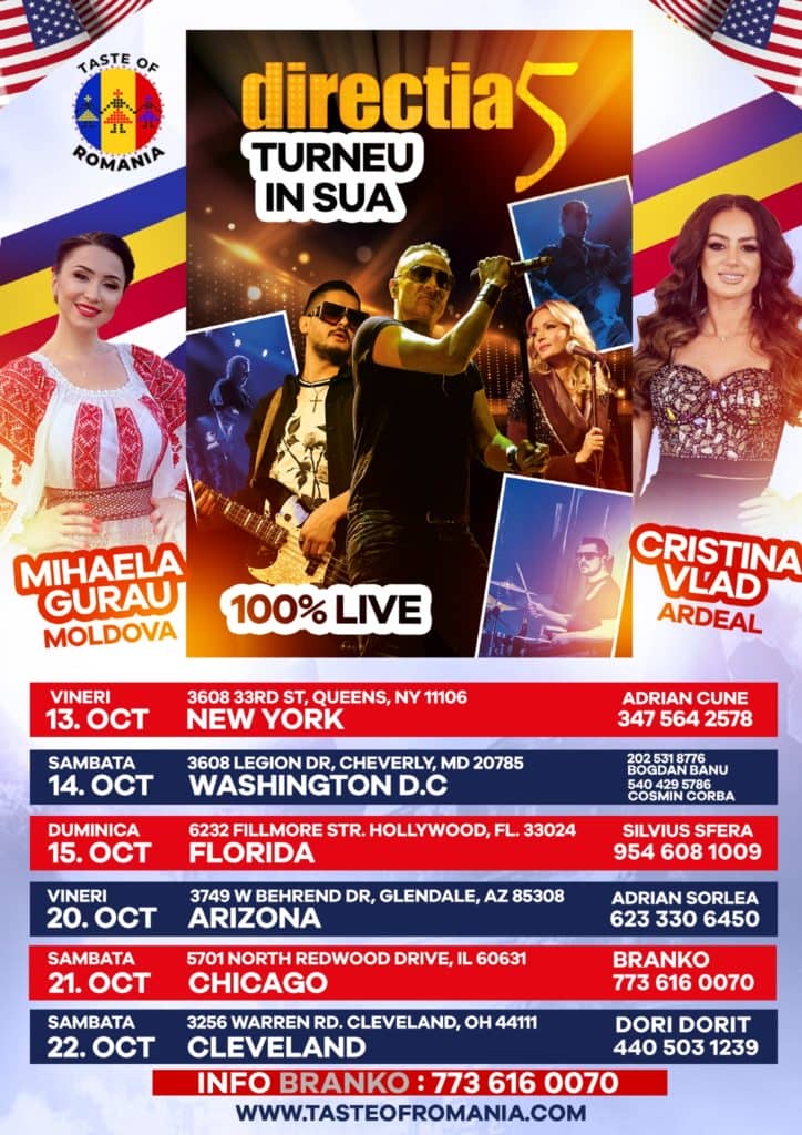 Direcția 5 se aniversează în turneu, în Statele Unite ale Americii! ”Cum am putea să mulțumim mai frumos” PROGRAMUL CONCERTELOR