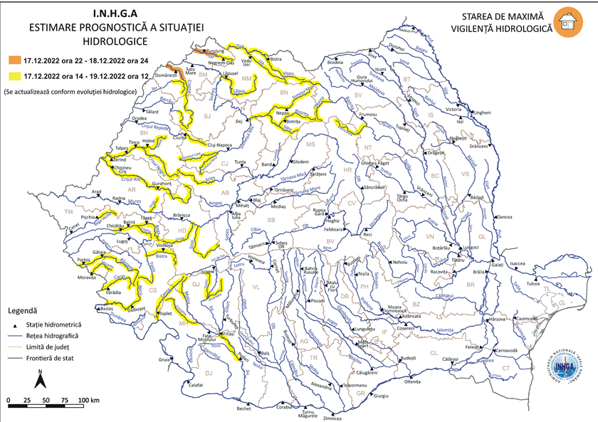 Hidrologii au emis două coduri, galben și portocaliu, de inundații pe râuri din 5 județe. Harta zonelor afectate