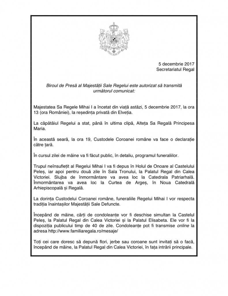 Moartea lui MIHAI I. Prima reacție a Casei Regale