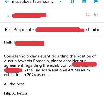 Muzeul de Artă din Timișoara anulează o expoziție realizată cu parteneri din Austria