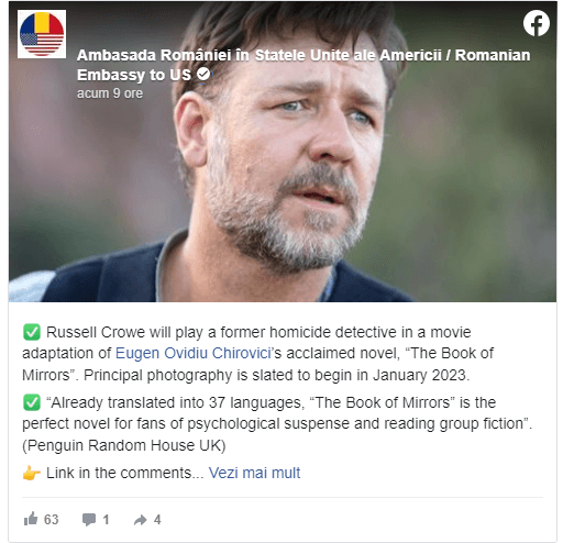 Russell Crowe joacă într-un film după un roman polițist scris de un român. Anunț surprinzător din partea Ambasadei României în SUA
