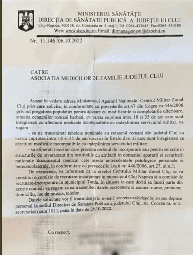 Vor fi mobilizați rezerviștii? Cum intepretează MApN un document atribuit Direcţiei de Sănătate Publică Cluj