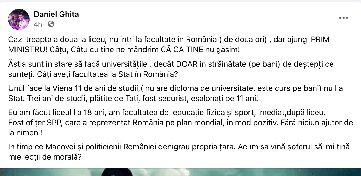 GHIȚĂ de la PSD se ia de studiile lui CÎȚU într-un mesaj plin de greșeli
