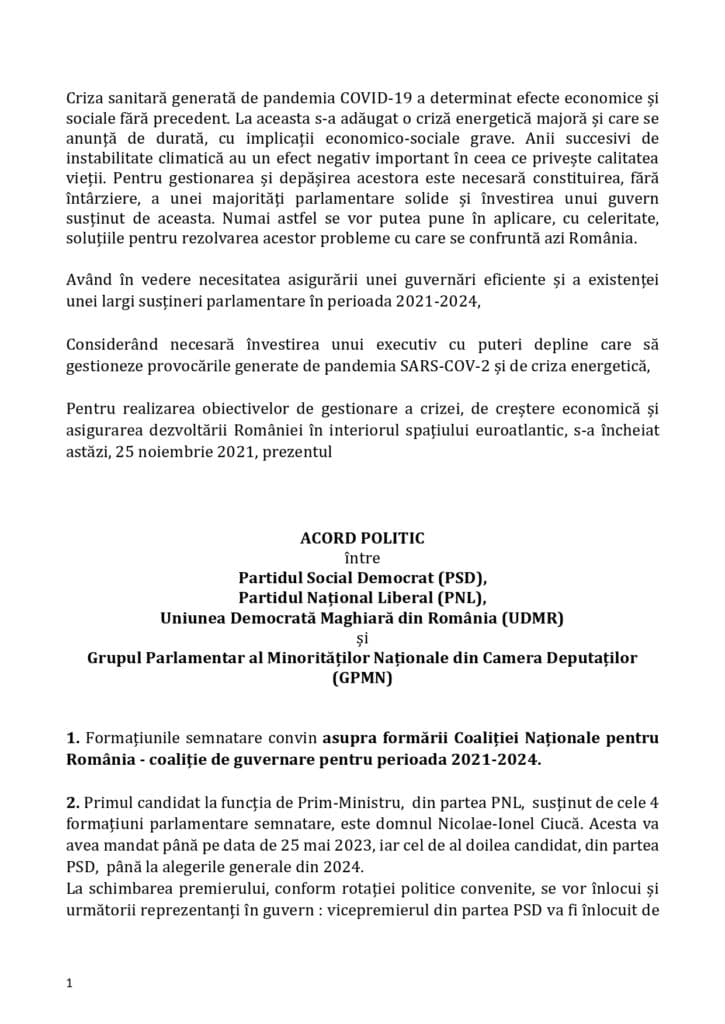 Guvernarea PSD-PNL-UDMR: Acordul politic se întinde pe trei pagini!