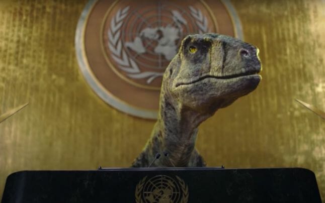 Un dinozaur „ocupă” sediul ONU cerând umanităţii să nu-şi provoace extincţia VIDEO