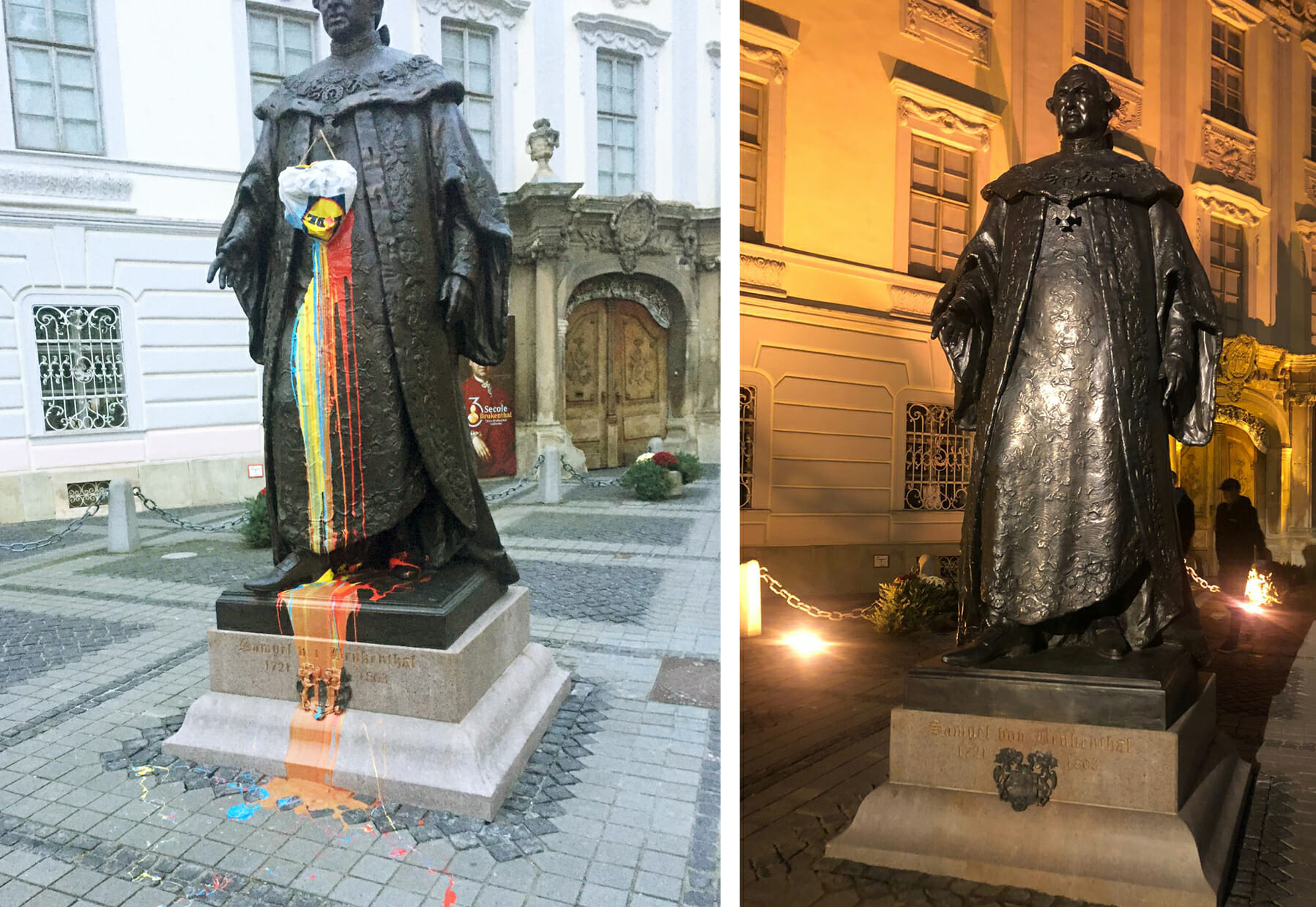 A fost găsită persoana care a vandalizat statuia lui Brukenthal din Sibiu. Ce sancţiune a primit
