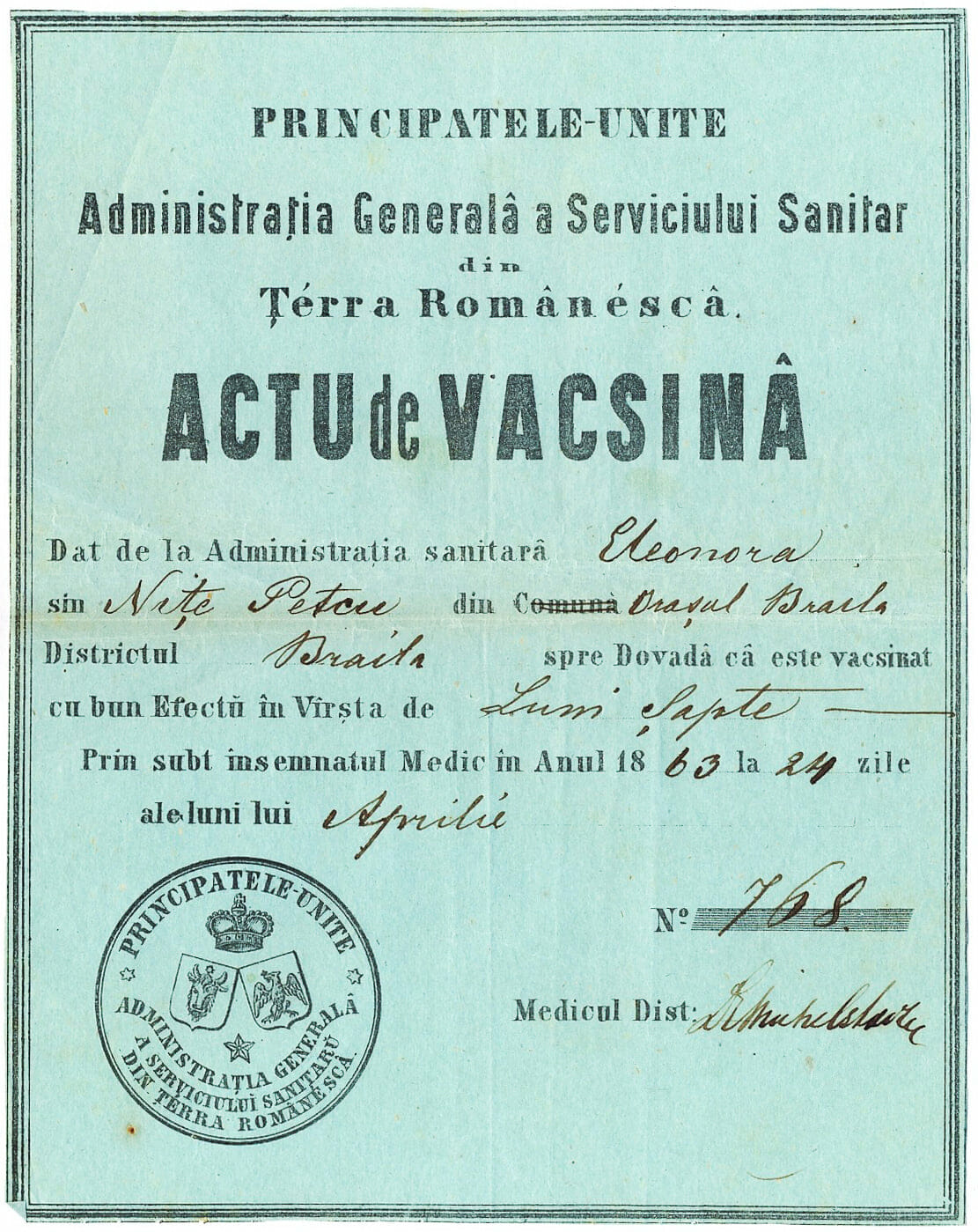 Certificat verde românesc de pe vremea lui CUZA! ”Actu de vacsinâ”