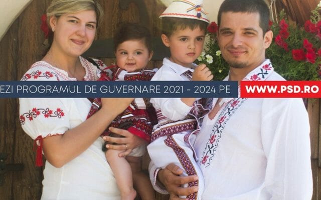 Cum ilustrează PSD obiectivele la guvernare: familia cu copii, îmbrăcată în costum popular