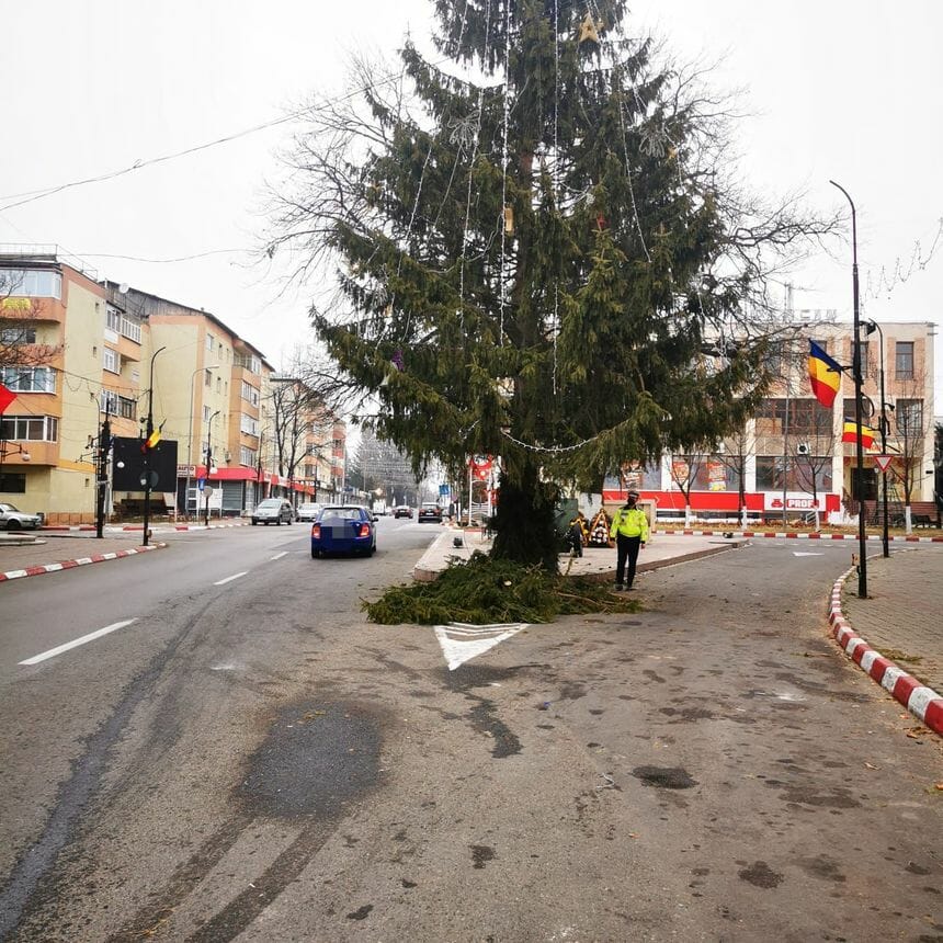 Treabă românească. Au pus bradul de Crăciun în mijlocul intersecției