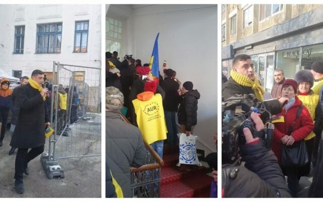 VIDEO George Simion și câteva zeci de simpatizanți AUR au intrat cu forța în Primăria Timișoara
