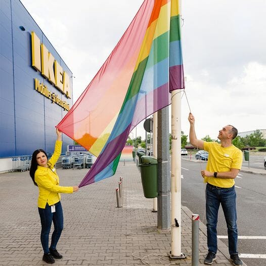 FOTO Un magazin IKEA din București a ridicat un uriaș steag LGBT