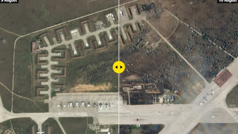 Imaginile din satelit îi contrazic pe ruși: baza Saki din Crimeea e puternic avariată, iar avioanele sunt distruse după atacul de marți