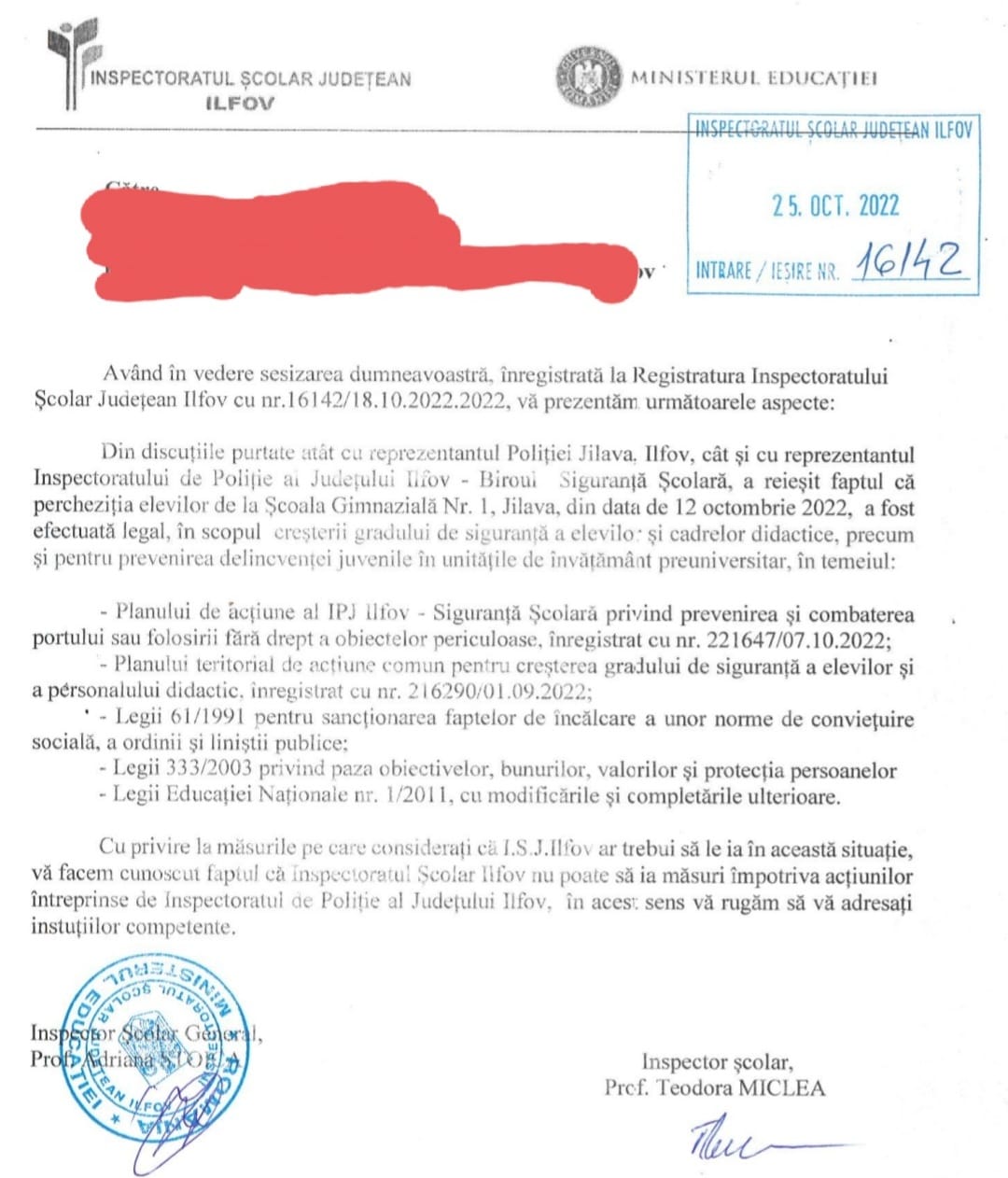 raspuns Inspectorat Școlar Ilfov