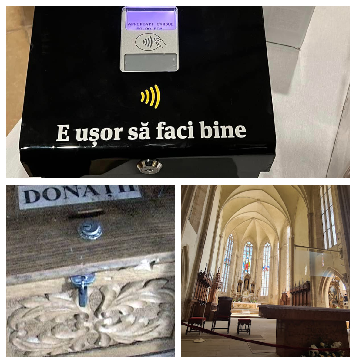 Premieră! O biserică românească a instalat cutia milei contactless. Oamenii cu suflet mare pot folosi cardul și telefonul pentru donații