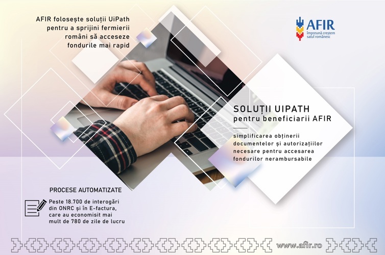 Reuters scrie despre cum inteligenţa artificială de la UiPath este folosită pentru a-i ajuta pe fermierii români să acceseze fonduri europene. Roboţii au economisit 784 de zile de căutări de documente pentru personalul AFIR