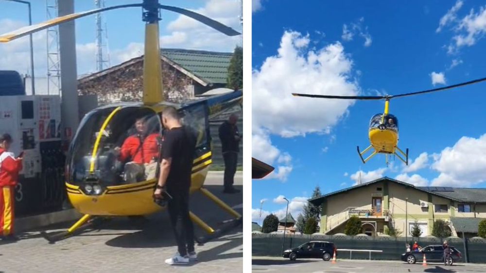 Pilotul unui elicopter „rămas în pană” a alimentat la o benzinărie din Curtea de Argeș